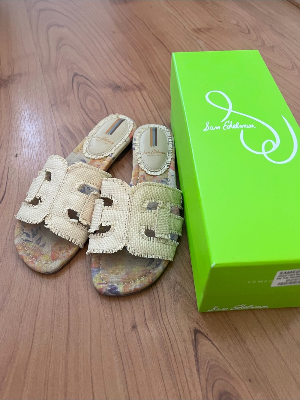 Sam Edelman Neutral Raffia Cutout Slide Sandals